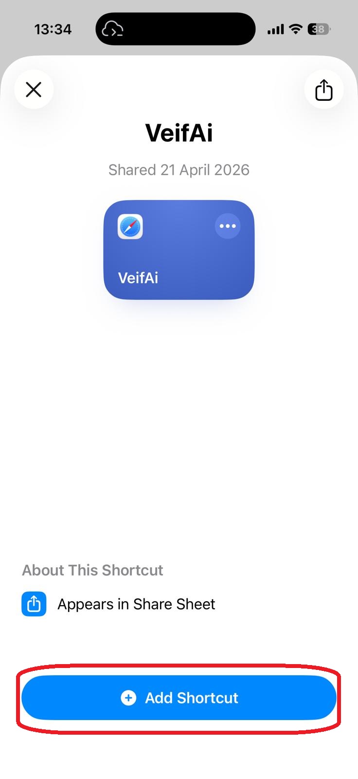לחצו Add Shortcut